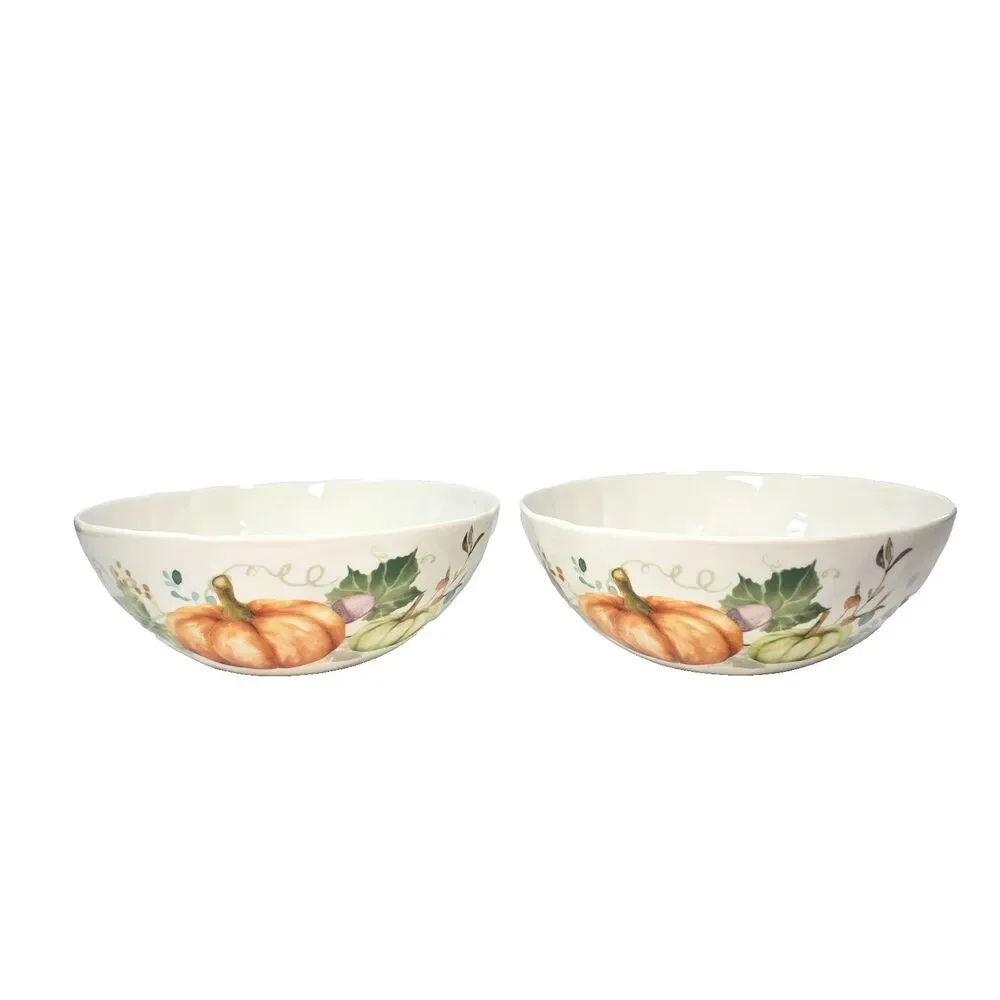 Pier 1 Soup Cereal Bowls Autumn Pumpkin Set of 2 Squash Gourd Fine China Ceramic